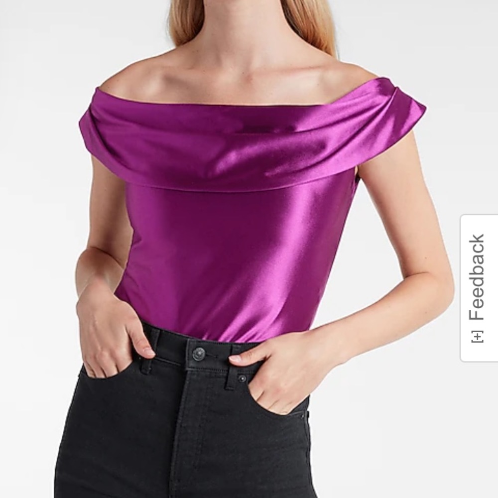 Express Magenta Satin Off The Shoulder Thong Bodysuit Size XS NWT - Picture 2 of 15
